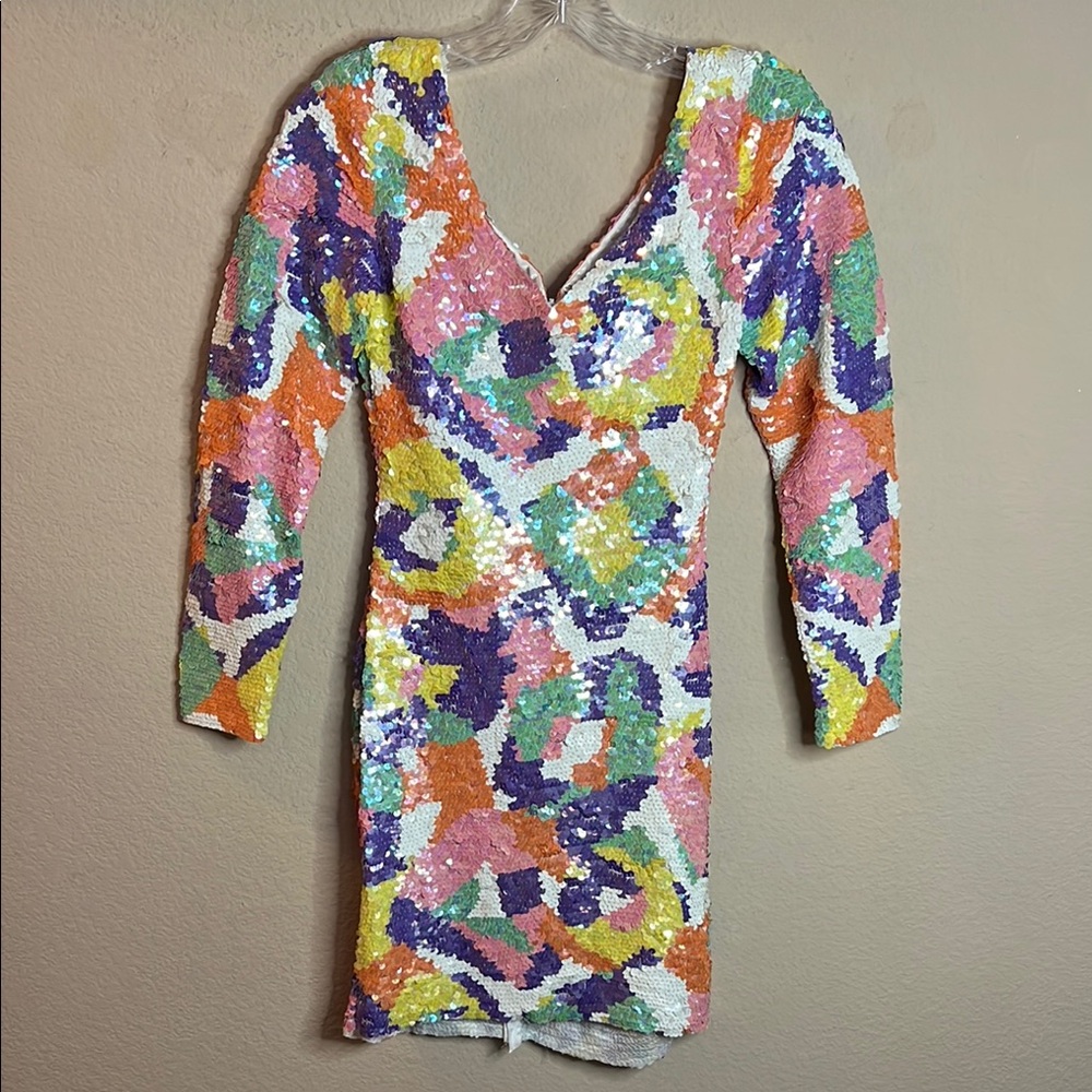 Cache White Orange Bold Vibrant Colors Bodycon‎ Double V-Neck Long Slv NWT $440 - Picture 2 of 12